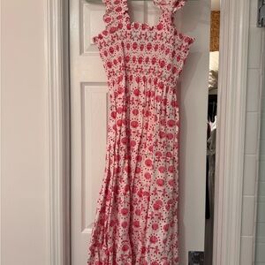 Hill House Pink and White Ruffle-Strap Smocked Maxi Dress